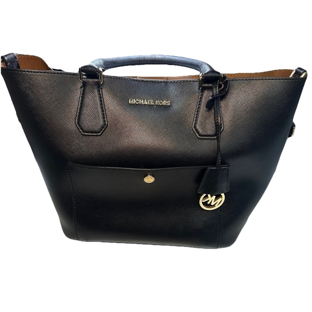 Michael Kors Shoulder Handbag Women's Black Gold Tone Logo Front Pocket & Charm